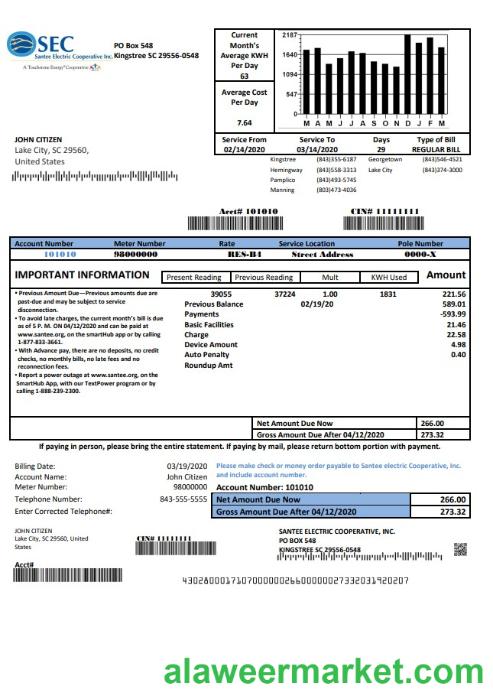 USA South Carolina Santee Electric Cooperative (SEC) proof of address utility bill template in Word and PDF format